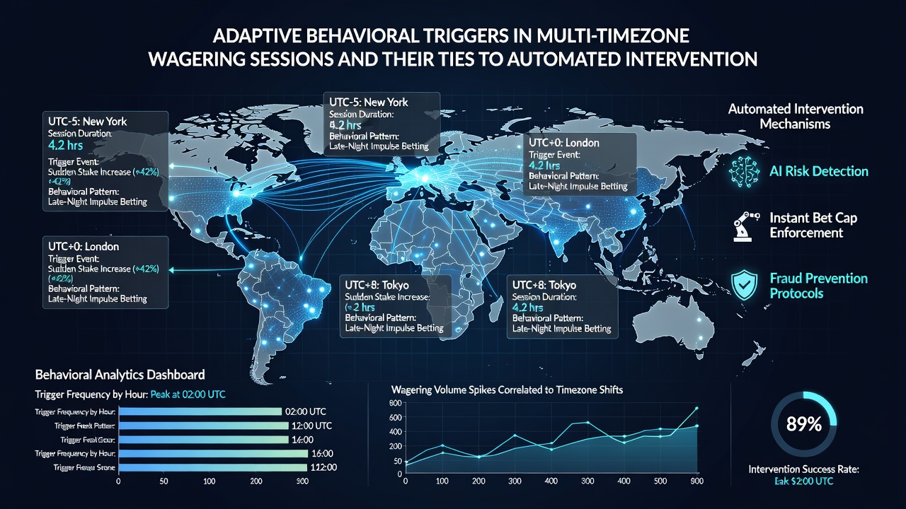 Illustration of automated intervention thresholds activating during extended multi-timezone wagering activity