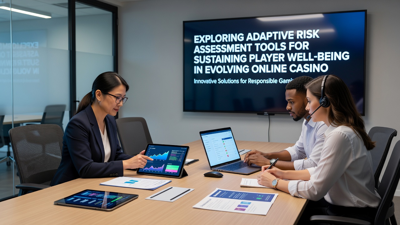 Regulatory compliance team reviewing adaptive risk reports on multiple screens in a modern control center