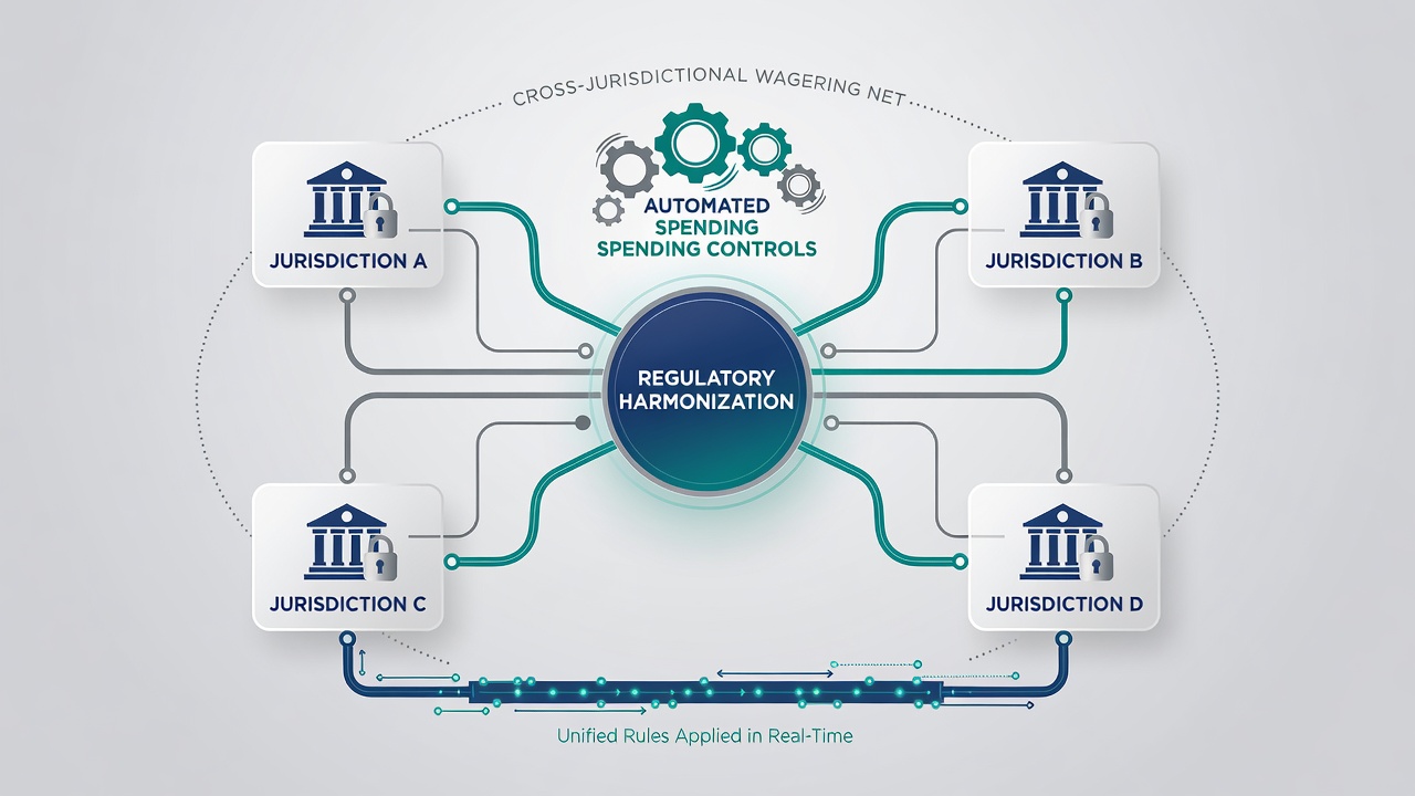 Network diagram showing automated spending limit enforcement across multiple jurisdictions