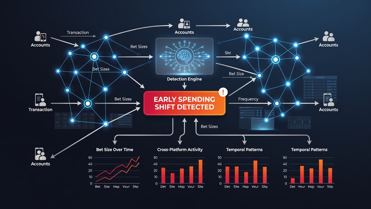 Analytics dashboard displaying flagged spending pattern shifts across connected wagering accounts with timeline graphs